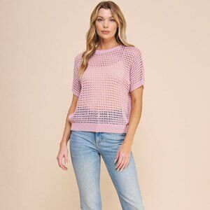 Pink-  Weave Knit Crochet Short Sleeve Top